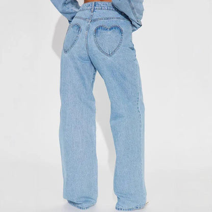 Straight Slimming Trousers Love Pocket High Waist Loose Jeans by AdTec in light blue denim with heart-back pockets
