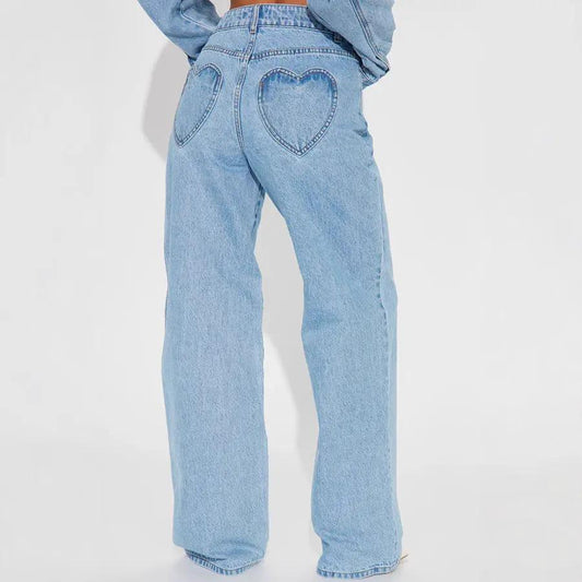 Straight Slimming Trousers Love Pocket High Waist Loose Jeans by AdTec in light blue denim with heart-back pockets