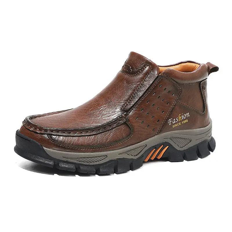 Mens casual metal ankle boots in brown leather with rugged black sole