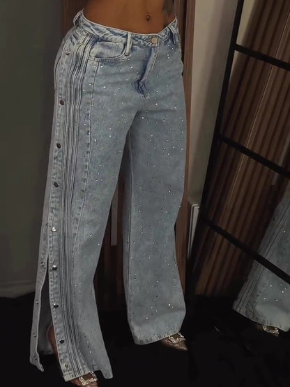 Button Polyester Rhinestone Fashion Jeans