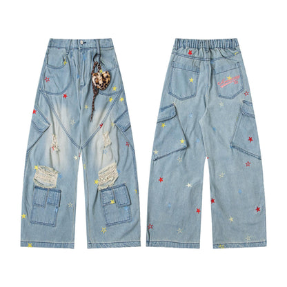 Embroidered curved knife jeans