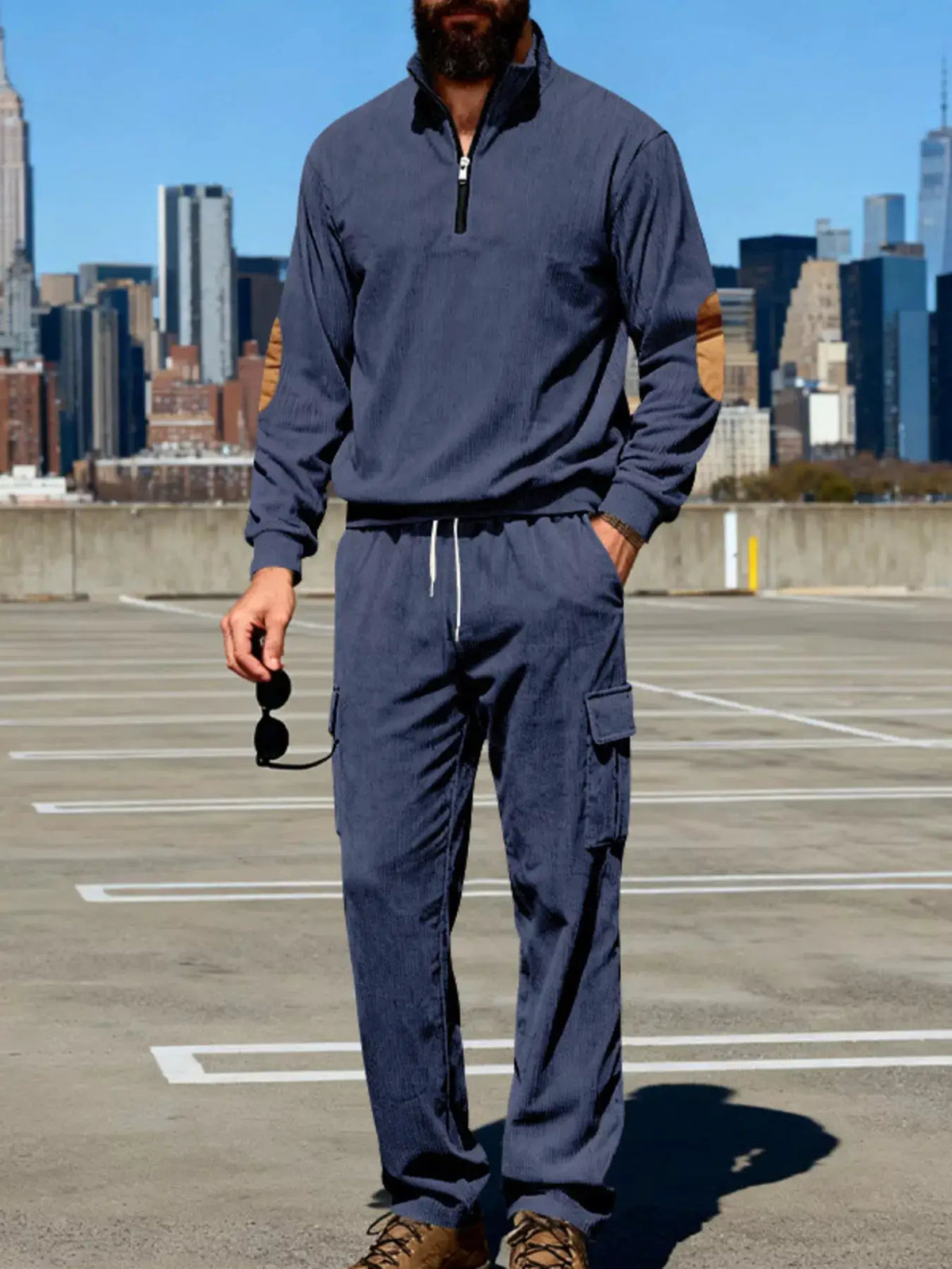 Men's navy blue 2-piece casual long-sleeve top and cargo pants set with elbow patches, plus size