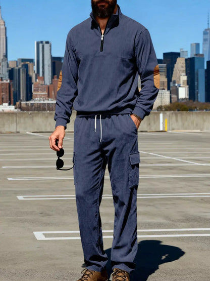 Men's navy blue 2-piece casual long-sleeve top and cargo pants set with elbow patches, plus size