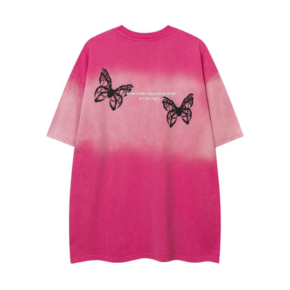 Gradient distressed butterfly embroidery short sleeved shirt