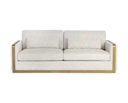 Lean Sofa Belfast Oatmeal by PrimeCanada.Store, oatmeal fabric with gold metal frame.