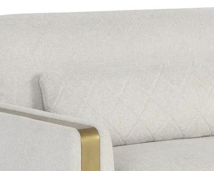 Lean Sofa Belfast Oatmeal by PrimeCanada.Store with a gold metal armrest.
