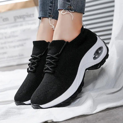 AdTec women's flying knit sneakers, lace-up, black knit upper with white midsole