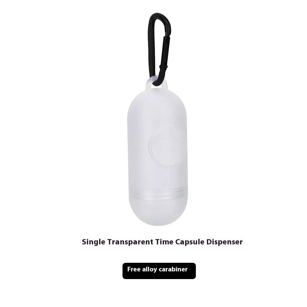 Single transparent time capsule dispenser with black carabiner clip