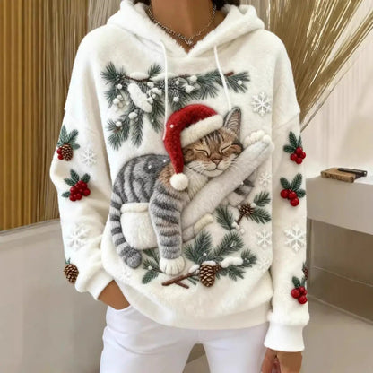 Womens Flannel Christmas Crew-Neck Long-Sleeve Top, white plush fleece with a cat in a Santa hat among pine branches