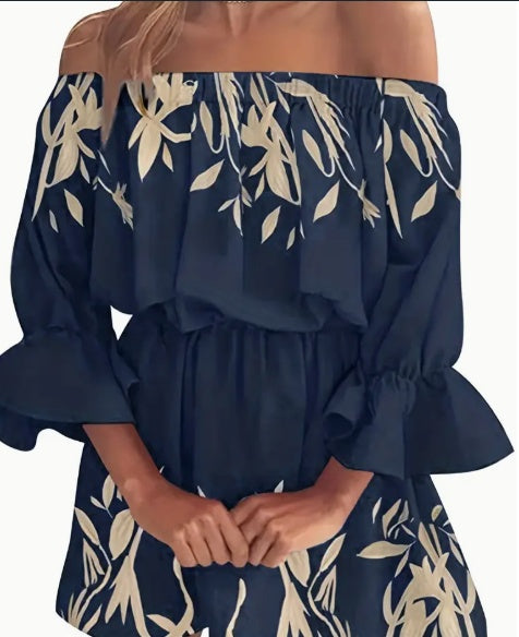 Vestido de Hombros Descubiertos con Estampado Gráfico de Hojas Estilo Boho, Sexy Vestido con Volantes y Espalda Descubierta para Primavera y Verano, Ropa de Mujer