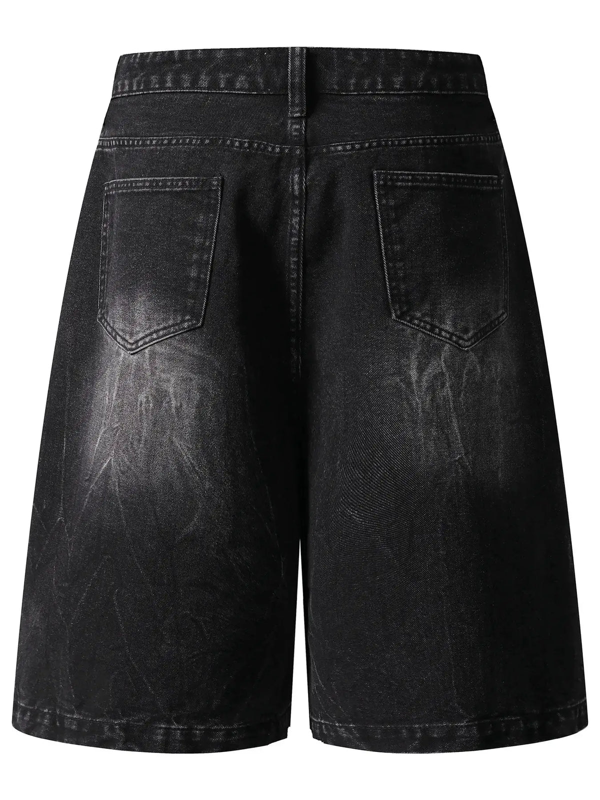 Mens distressed black denim shorts with back pockets and visible stitching.