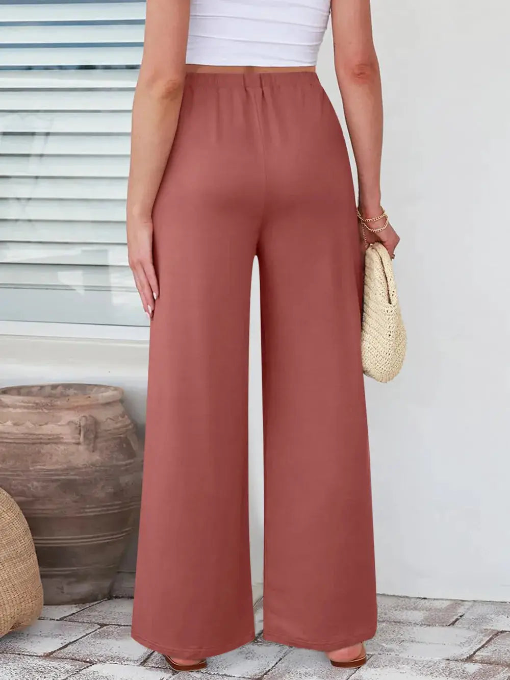 Elastic Waist Wide-Leg Palazzo Pants in terracotta