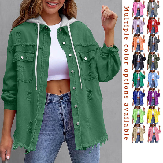 Veste en jean ample à capuche unie pour femme