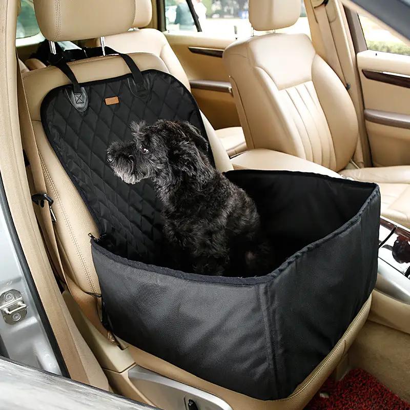 AdTec pet car seat mat for front single seat; black waterproof, quilted back, dog inside.