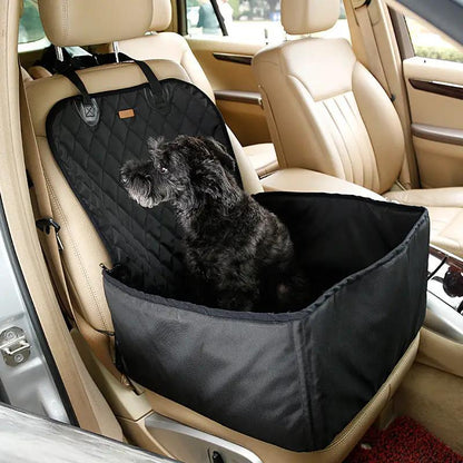 AdTec pet car seat mat for front single seat; black waterproof, quilted back, dog inside.