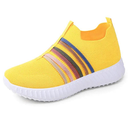 Women's breathable mesh casual sneakers in yellow with multicolor stripe accents and white sole
