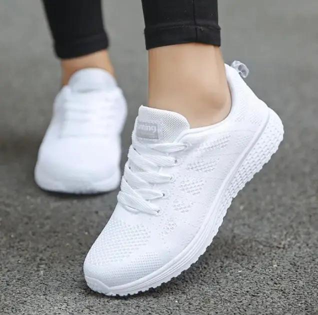 Women Shoes Sports Sneakers AdTec white knit upper, lace-up running sneakers