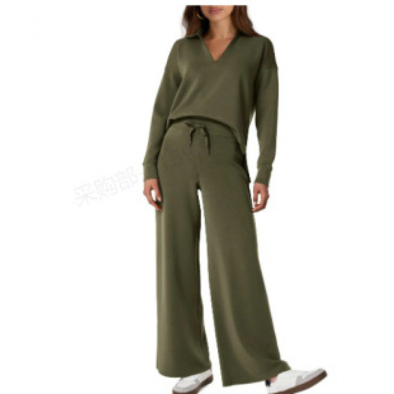 Chándal deportivo para mujer, conjunto de blusa de manga larga con cuello en V y pantalones rectos con cordón, conjunto de pantalones casuales de color liso