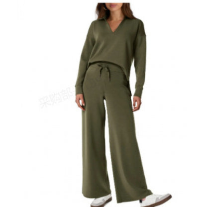 Chándal deportivo para mujer, conjunto de blusa de manga larga con cuello en V y pantalones rectos con cordón, conjunto de pantalones casuales de color liso
