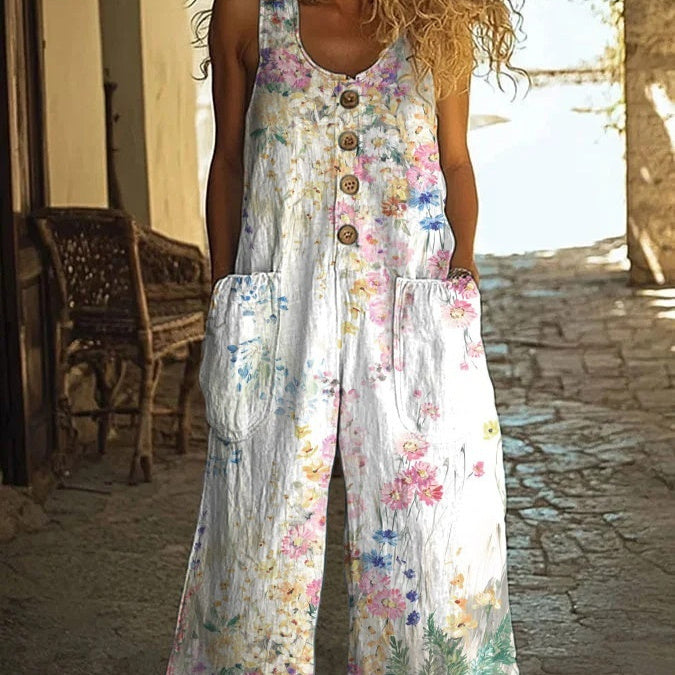 Mono de Moda Floral para Mujer con Bolsillos y Chaleco