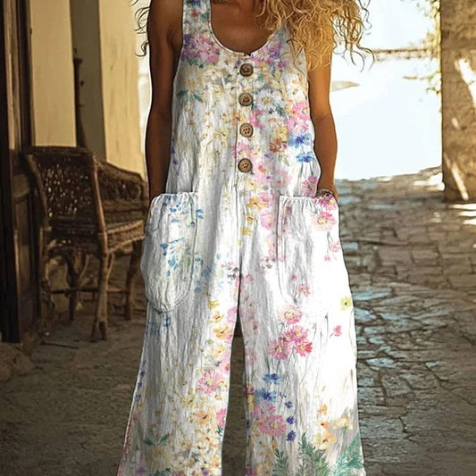 Mono de Moda Floral para Mujer con Bolsillos y Chaleco