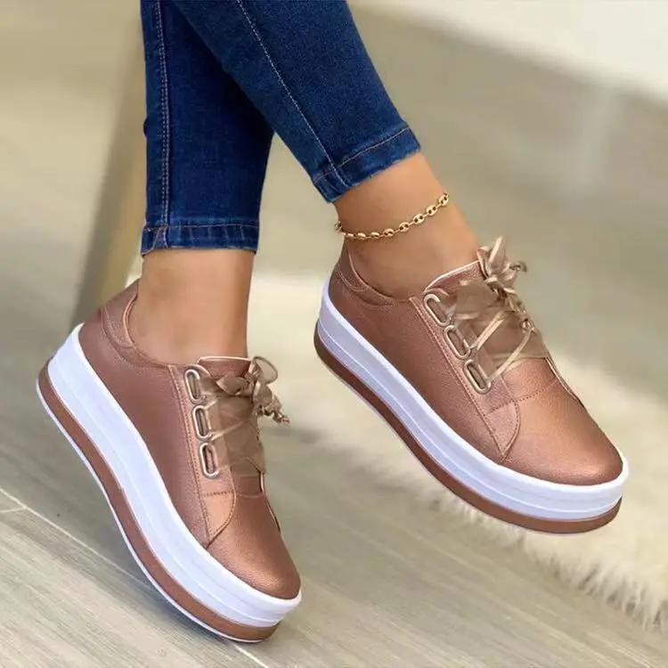 AdTec women's rose-gold platform lace-up flats with round toe and white sole