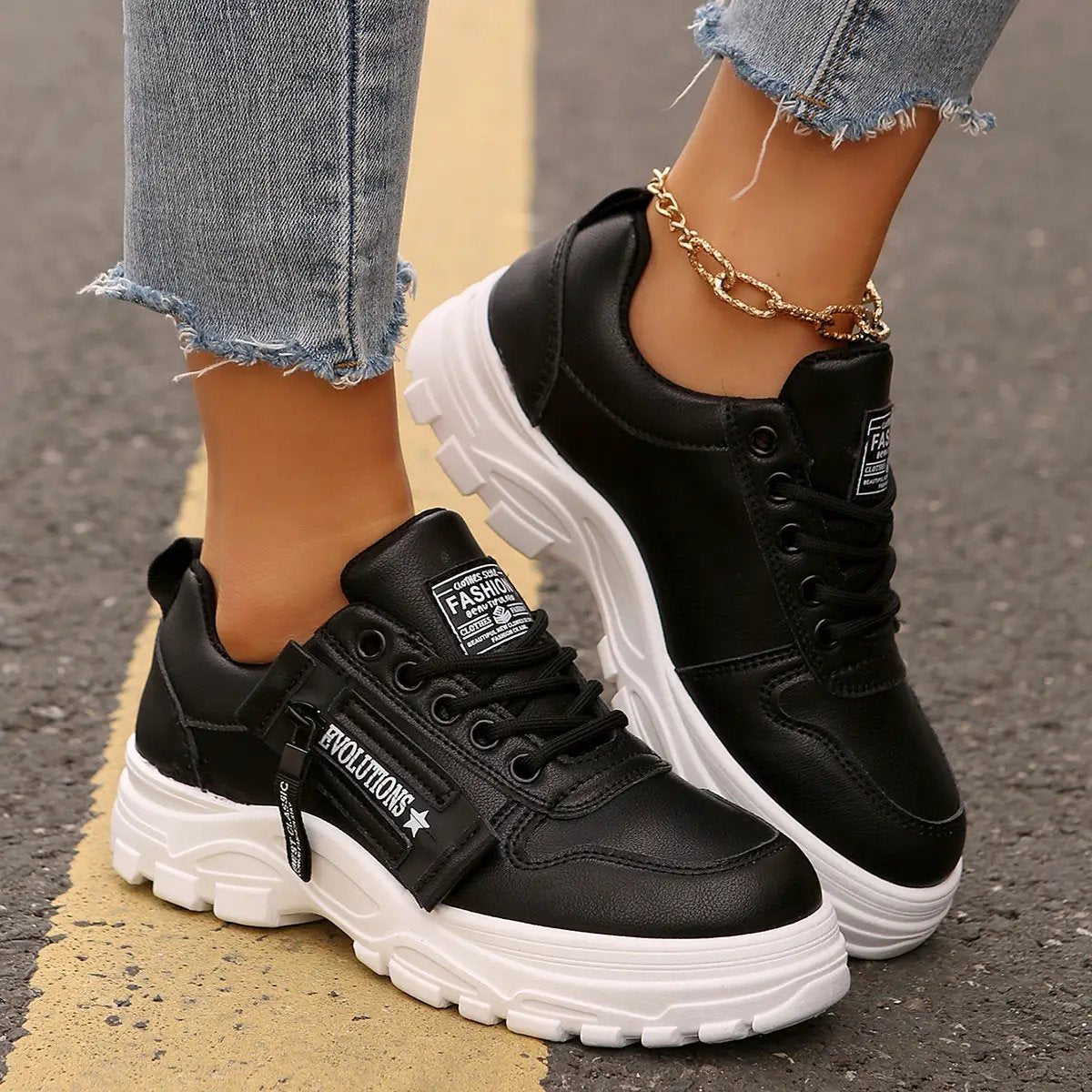 Black lace-up round-toe sneakers for women with side zipper and thick white platform sole