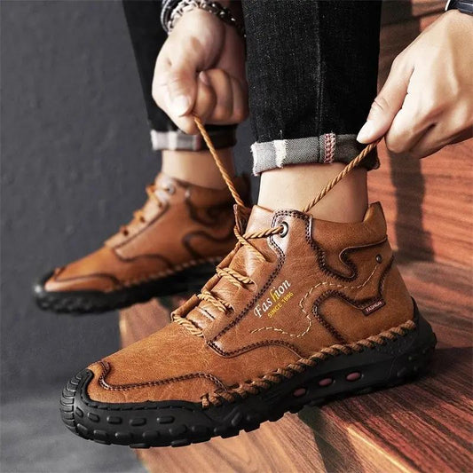 Boots AdTec Crestview thick sole Martin boot pair in tan brown leather with rugged black outsoles