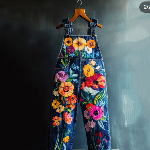 Mono vaquero con estampado floral de plantas y pintura al óleo
