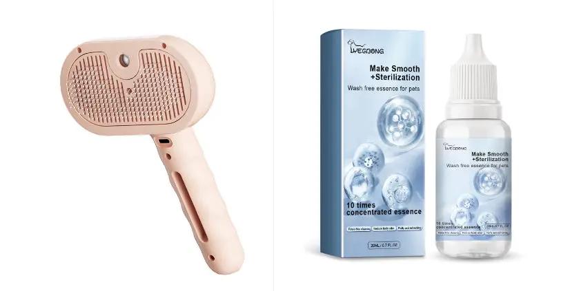AdTec pink pet hair remover grooming brush and blue-packaged wash-free pet care essence bottle, two items