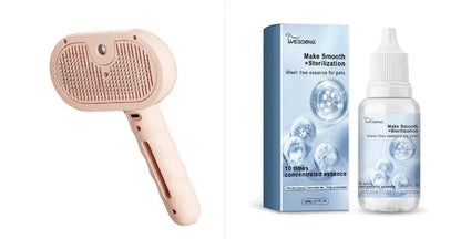 AdTec pink pet hair remover grooming brush and blue-packaged wash-free pet care essence bottle, two items