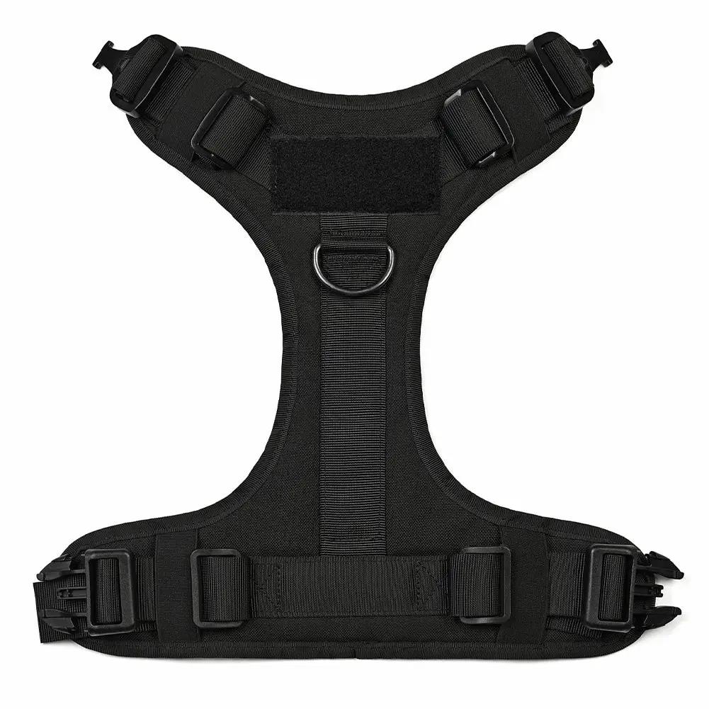AdTec black military tactical dog harness, adjustable Y-back with metal D-ring.