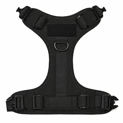 AdTec black military tactical dog harness, adjustable Y-back with metal D-ring.
