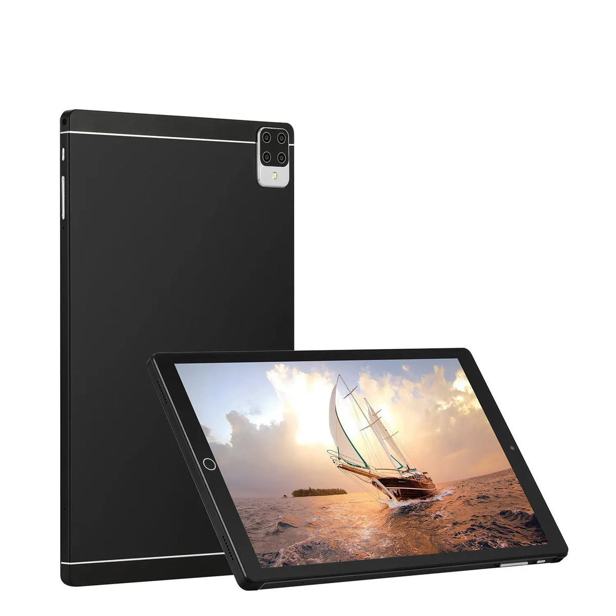 Two AdTec tablet PCs, black Android 15 with quad-camera back and front display showing a sailboat scene