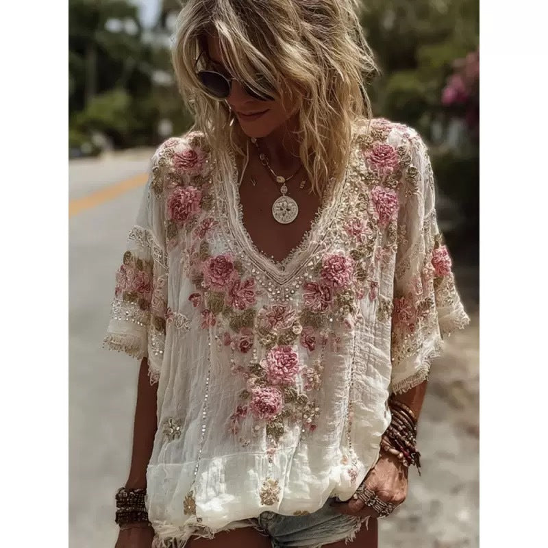 Top de mujer con cuello de pico, estampado 3D y manga corta, con un elegante estilo artístico y vintage