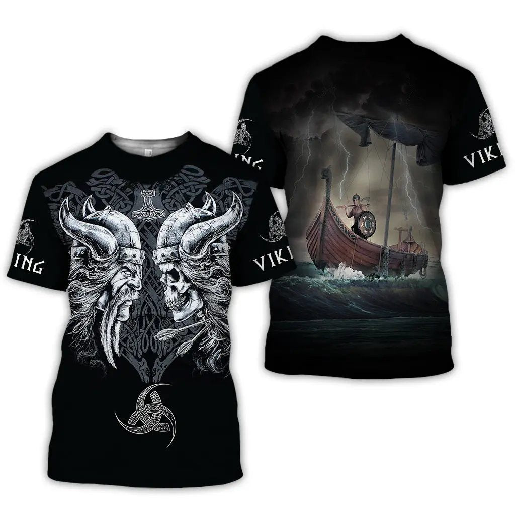 Two black unisex 3D printed Viking T-shirts; front horned skull artwork and back stormy longship print