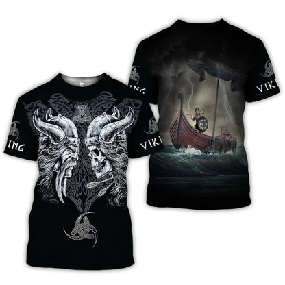 Two black unisex 3D printed Viking T-shirts; front horned skull artwork and back stormy longship print