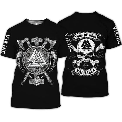 Two black AdTec T-shirts with 3D Viking graphics; front circular runic design with axes, back skull and Odin Valhalla.