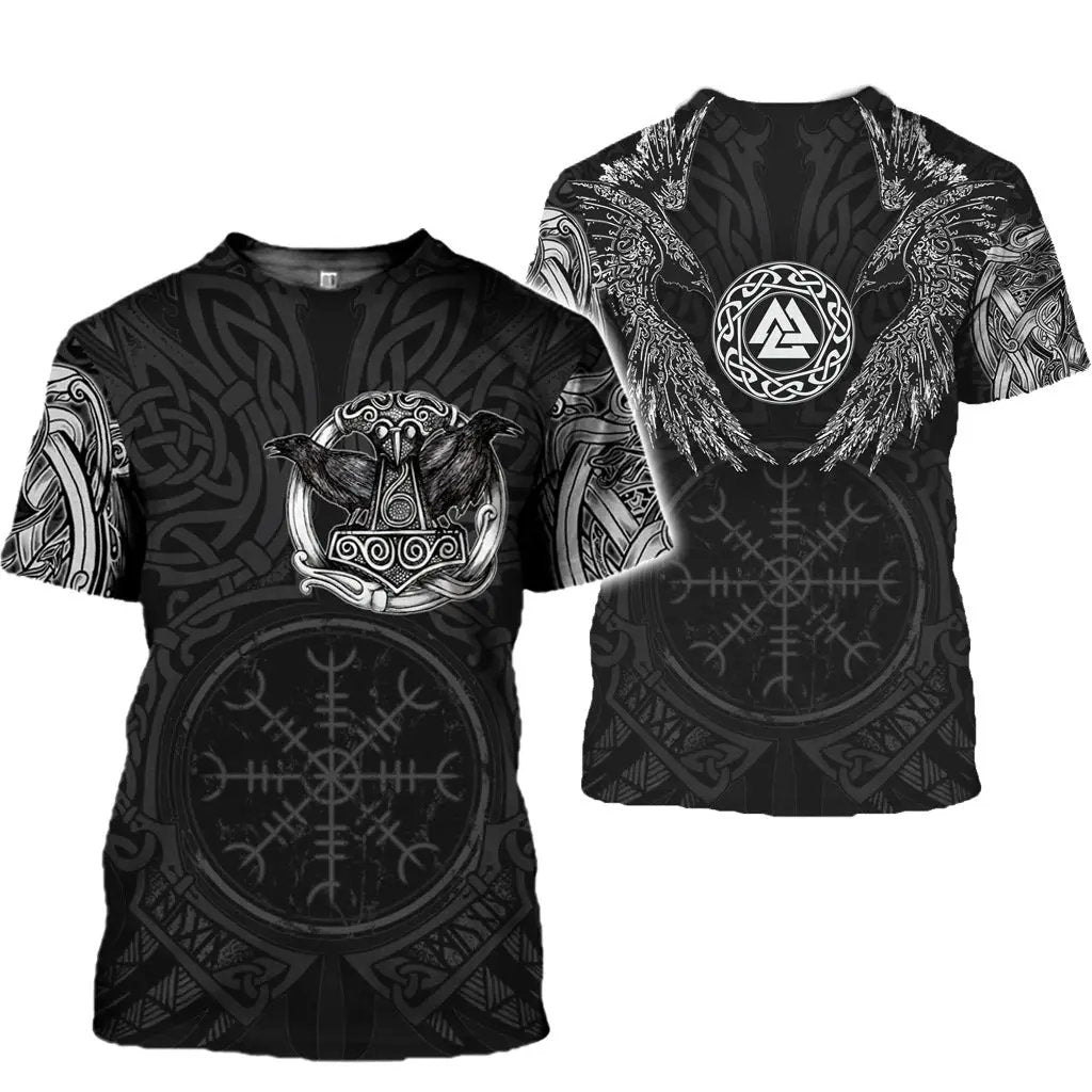 Two unisex AdTec 3D-printed black short-sleeve T-shirts with Viking runic circle motifs