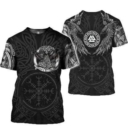 Two unisex AdTec 3D-printed black short-sleeve T-shirts with Viking runic circle motifs
