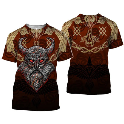AdTec 3D printed T-shirt; brown unisex two-pack with horned-demon front graphic and Norse knotwork back.