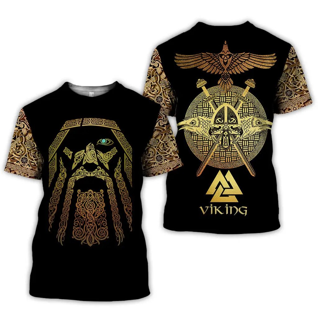 3D digital printing unisex T-shirt; 2 black shirts with gold Viking prints, front bearded face, back circular crest.