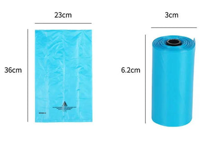 Degradable dog poop bags by AdTec: blue flat bag and blue roll, 2-piece set with 23x36 cm bag and 3 cm wide roll.