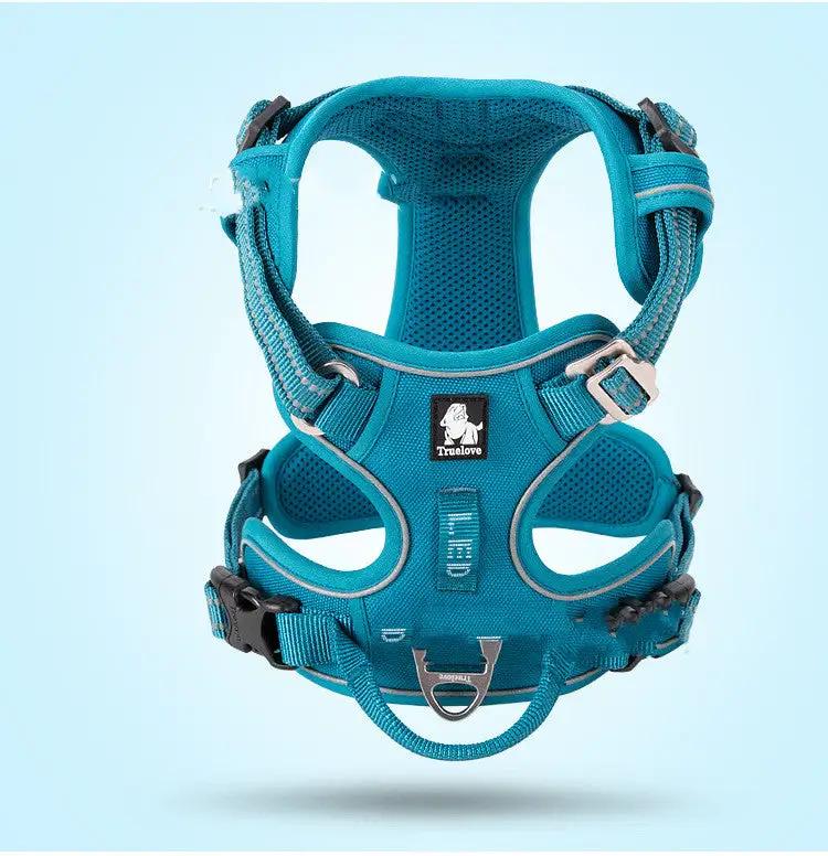 Teal vest-style dog harness with adjustable straps, metal D-ring and TrueLove logo