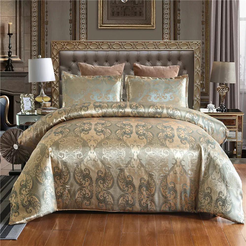 Home Textile European-Style Satin Jacquard Bedding Kit in gold and teal damask pattern