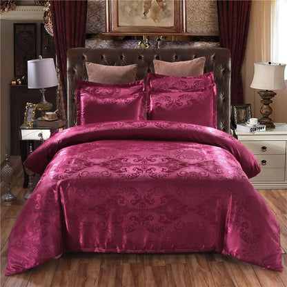 Home Textile European-Style Satin Jacquard Bedding Kit in magenta with damask pattern on bed.