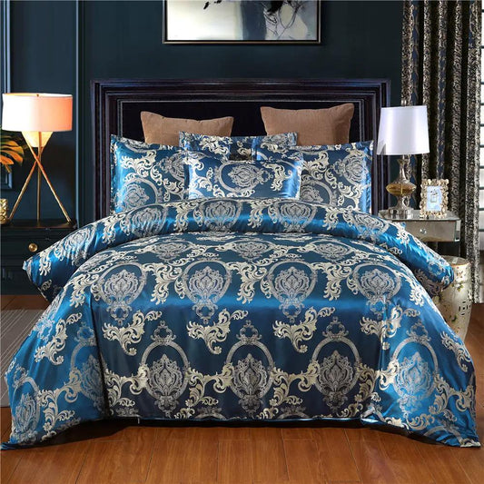 Home Textile European-Style Satin Jacquard Bedding Kit in blue damask with matching shams, AdTec brand.