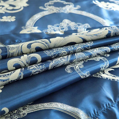 Home Textile European-Style Satin Jacquard Bedding Kit in blue with white damask patterns