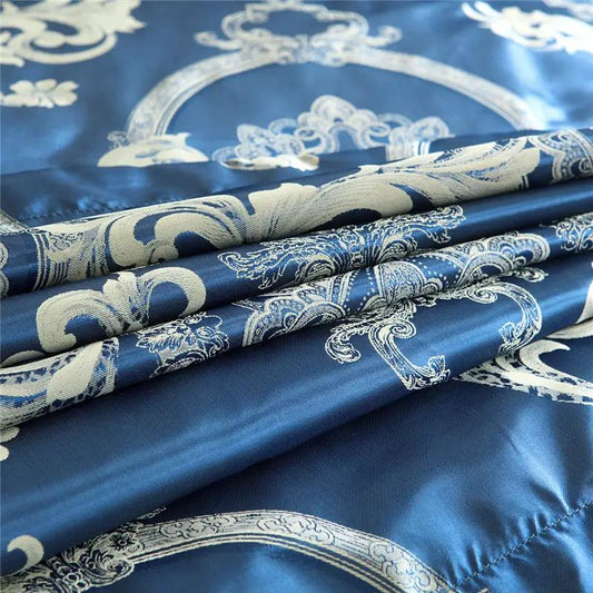Home Textile European-Style Satin Jacquard Bedding Kit in blue with white damask patterns