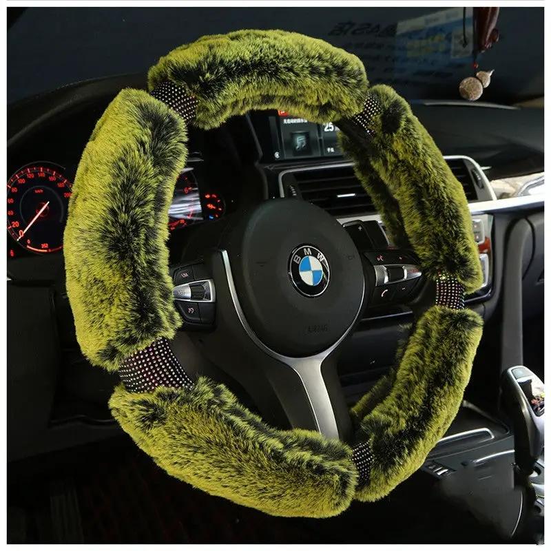 Car steering wheel cover, lime green plush fur, fuzzy winter accessory